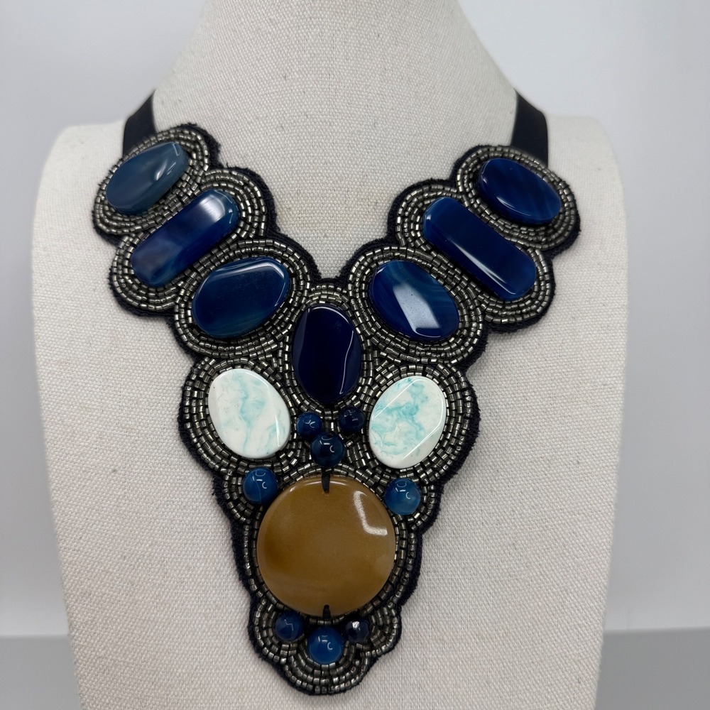 Statement Bib Necklace Blue‎ White Ochre Beaded Ribbon Tie Adjustable Collar